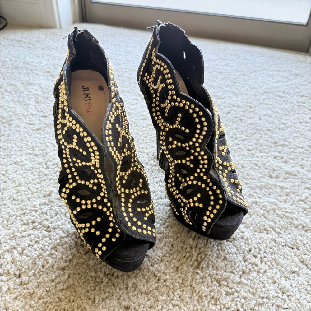 JustFab Black and Gold Glam Stiletto Heels with Peep-Toe